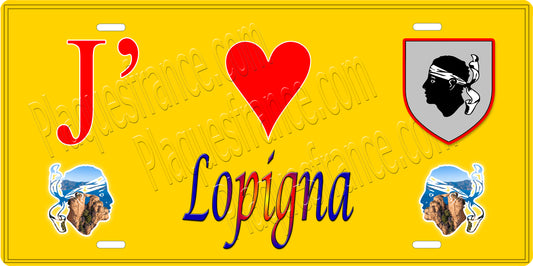 Plaque métal décorative 15 x 30 cm jaune J' ❤️ Lopigna Canton de Sevi-Sorru-Cinarca Corse du Sud