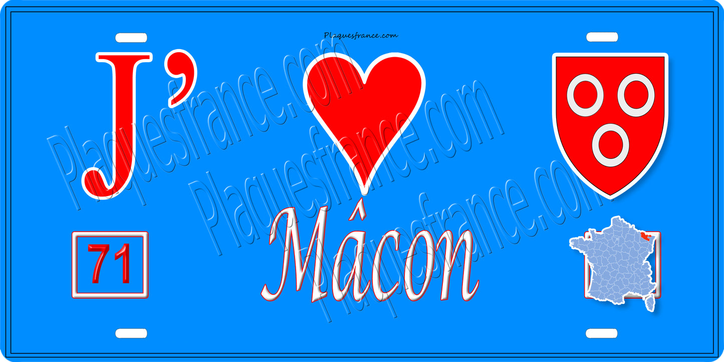 Plaque métal décorative  J' ❤️ Mâcon, Saône et Loire fond bleu 71