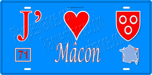 Plaque métal décorative  J' ❤️ Mâcon, Saône et Loire fond bleu 71