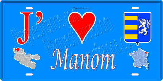 Plaque métal décorative 15 x 30 cm fond mur bleu carte J' ❤️ Manom, canton Yutz Moselle 57