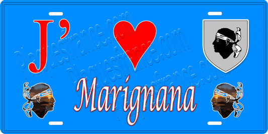 Plaque métal décorative 15 x 30 cm bleu  J' ❤️ Marignana Canton de Sevi-Sorru-Cinarca Corse du Sud