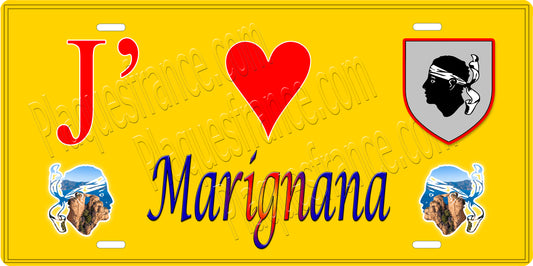 Plaque métal décorative 15 x 30 cm jaune J' ❤️ Marignana Canton de Sevi-Sorru-Cinarca Corse du Sud