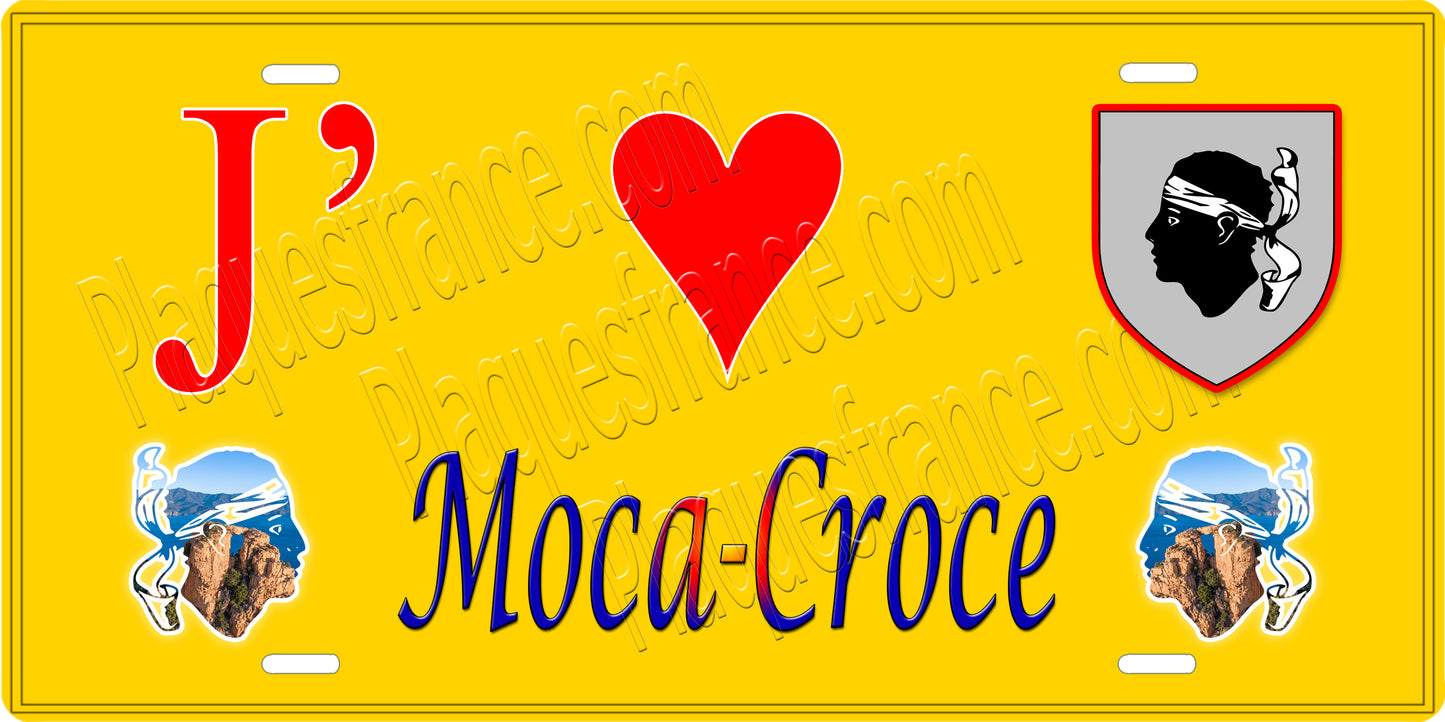 Plaque métal décorative 15 x 30 cm fond jaune J' ❤️ Moca-Croce  canton de Taravo-Ornano Corse du Sud