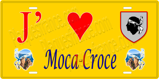 Plaque métal décorative 15 x 30 cm fond jaune J' ❤️ Moca-Croce  canton de Taravo-Ornano Corse du Sud