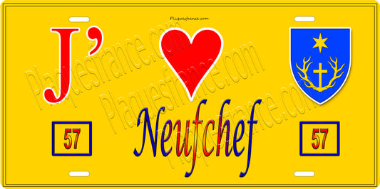 Plaque métal décorative 15 x 30 cm fond jaune 57 J' ❤️ Neufchef, canton de Algrange Moselle 57