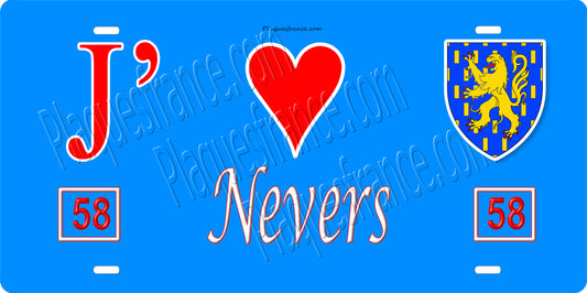 Plaque métal décorative  J' ❤️ Nevers, Nièvre fond bleu 58