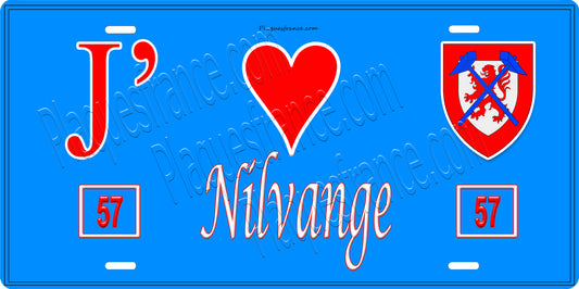 Plaque métal décorative 15 x 30 cm fond bleu 57 J' ❤️ Nilvange, canton de Algrange Moselle 57