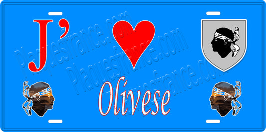 Plaque métal décorative 15 x 30 cm bleu J' ❤️ Olivese  canton de Taravo-Ornano Corse du Sud