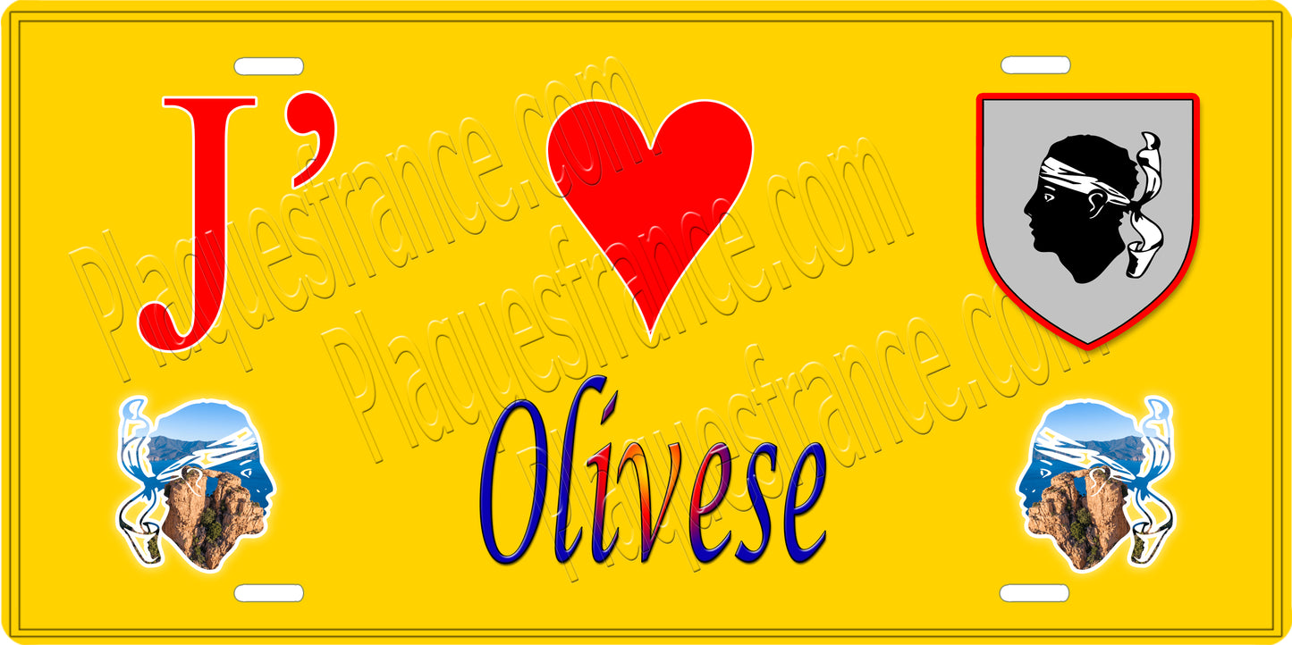 Plaque métal décorative 15 x 30 cm jaune J' ❤️ Olivese  canton de Taravo-Ornano Corse du Sud