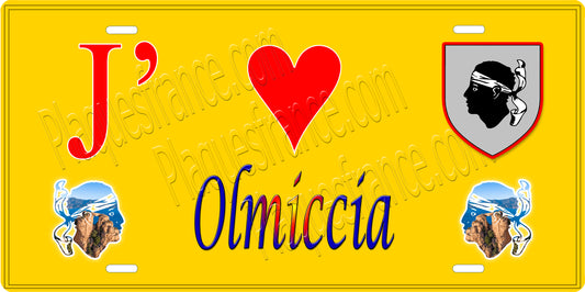 Plaque métal décorative 15 x 30 cm jaune J' ❤️ Olmiccia canton du Sartenais-Valinco  Corse du Sud
