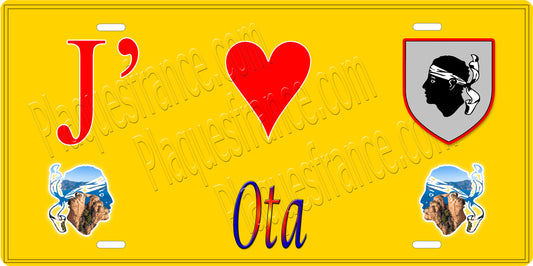 Plaque métal décorative 15 x 30 cm jaune J' ❤️ Ota Canton de Sevi-Sorru-Cinarca Corse du Sud