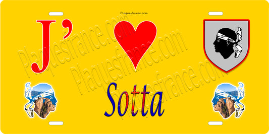 Plaque métal décorative 15 x 30 cm jaune J' ❤️ Sotta canton du Grand-Sud  Corse du Sud
