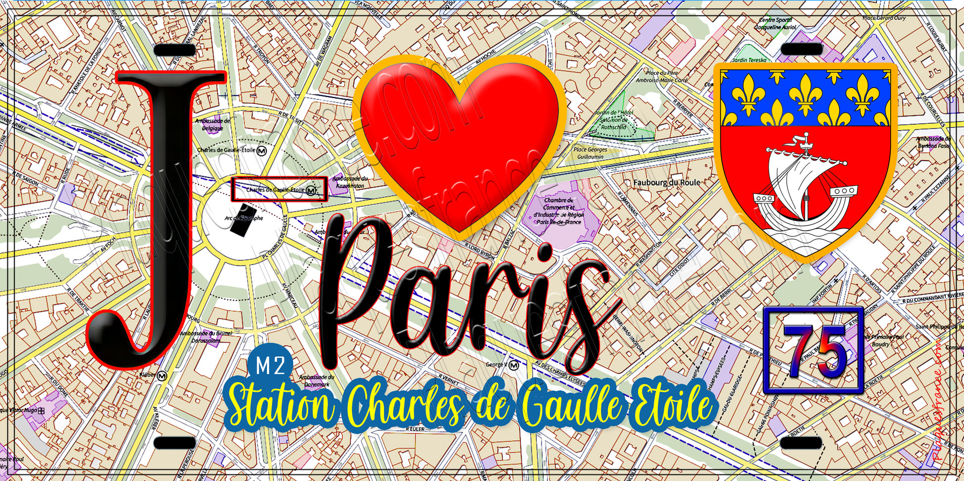 Plaque métal décorative  J' ❤️ Paris : Métro Station Charles‑de‑Gaulle–Étoile