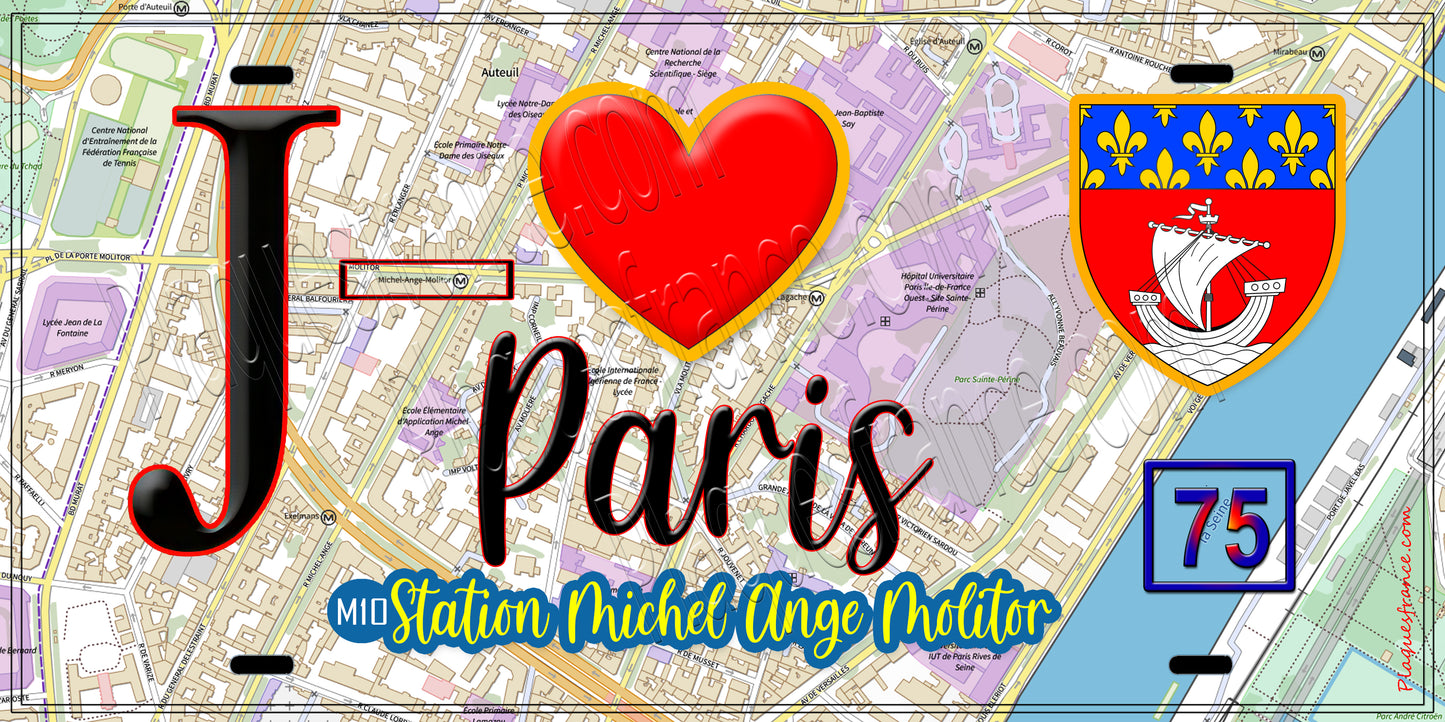 Plaque métal décorative  J' ❤️ Paris : Métro Station Michel‑Ange – Molitor