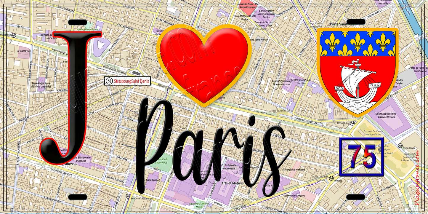 Plaque métal décorative  J' ❤️ Paris : Métro Strasbourg Saint Denis