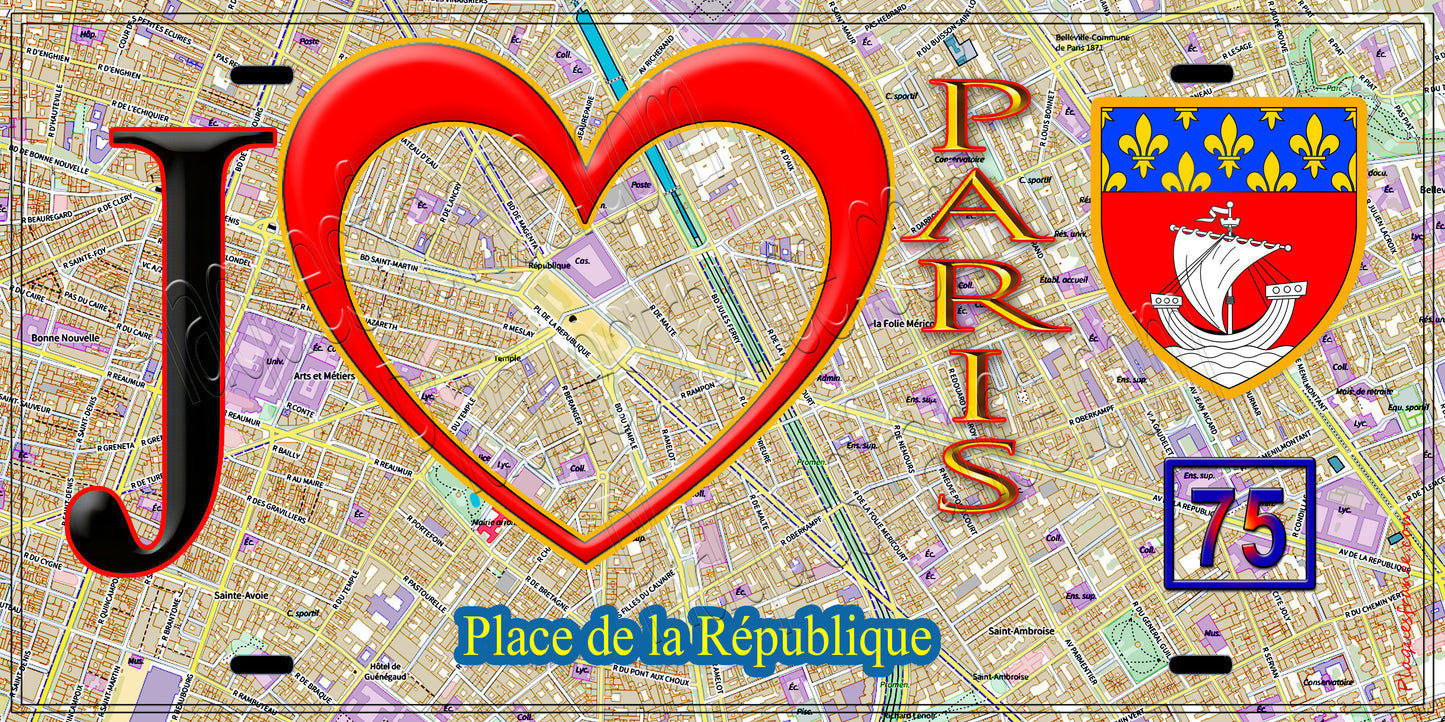 Plaque métal décorative  J' ❤️ Paris : Place de la République.