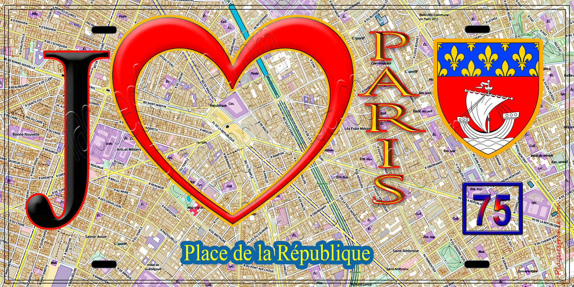 Plaque métal décorative  J' ❤️ Paris : Place de la République.