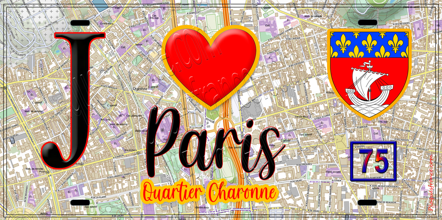 Plaque métal décorative  J' ❤️ Paris : Quartier Charonne
