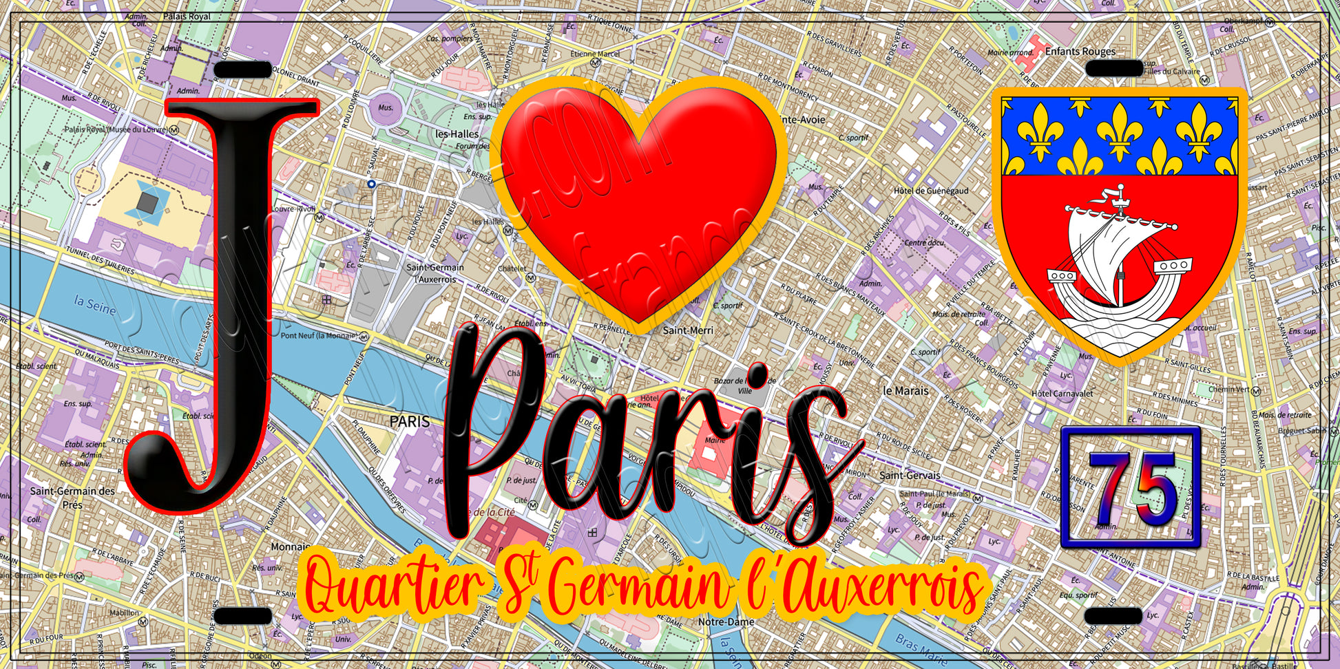 Plaque métal décorative  J' ❤️ Paris : Quartier Saint Germain l'Auxerrois.