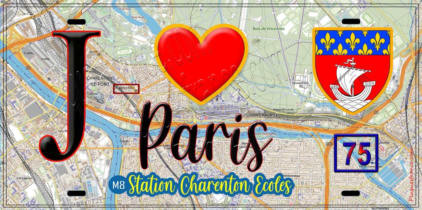 Plaque métal décorative  J' ❤️ Paris : Métro Station Charenton Ecoles