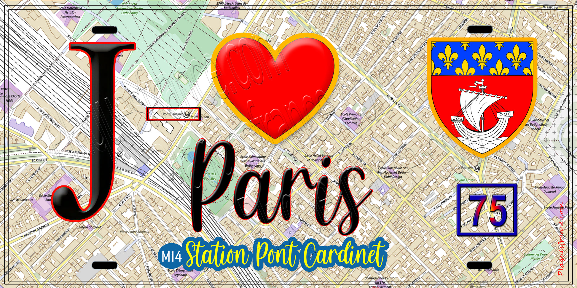 Plaque métal décorative  J' ❤️ Paris : Métro Station Pont Cardinet