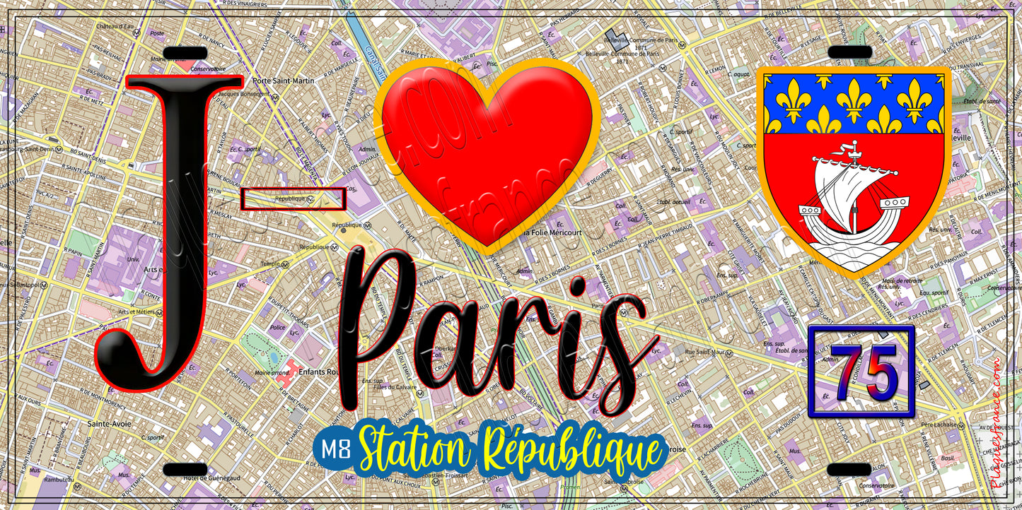 Plaque métal décorative  J' ❤️ Paris : Métro Station République