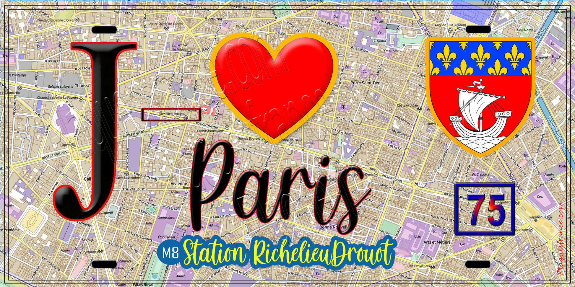 Plaque métal décorative  J' ❤️ Paris : Métro Station Richelieu Drouot