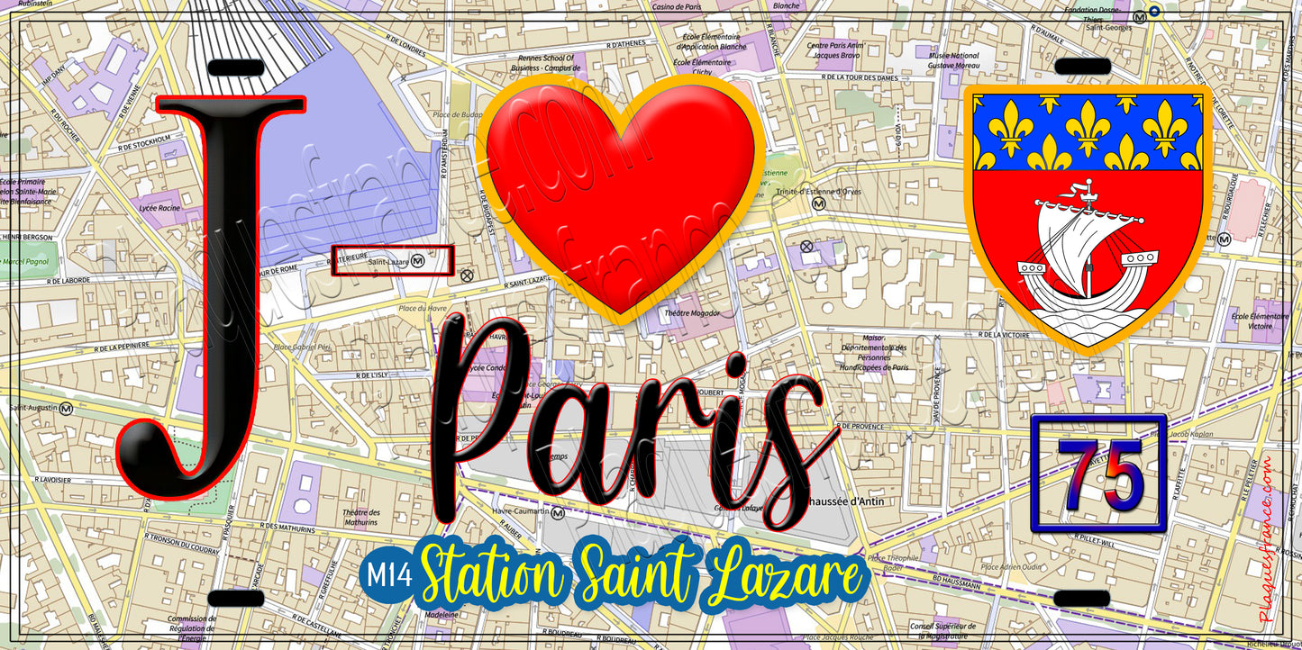 Plaque métal décorative  J' ❤️ Paris : Métro Station Saint‑Lazare