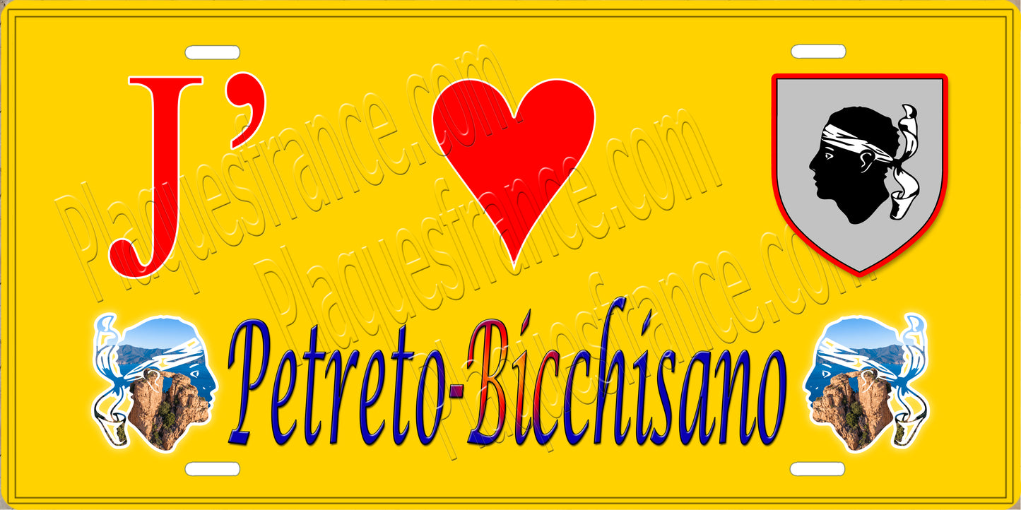 Plaque métal décorative 15 x 30 cm jaune J' ❤️ Petreto  canton de Taravo-Ornano Corse du Sud
