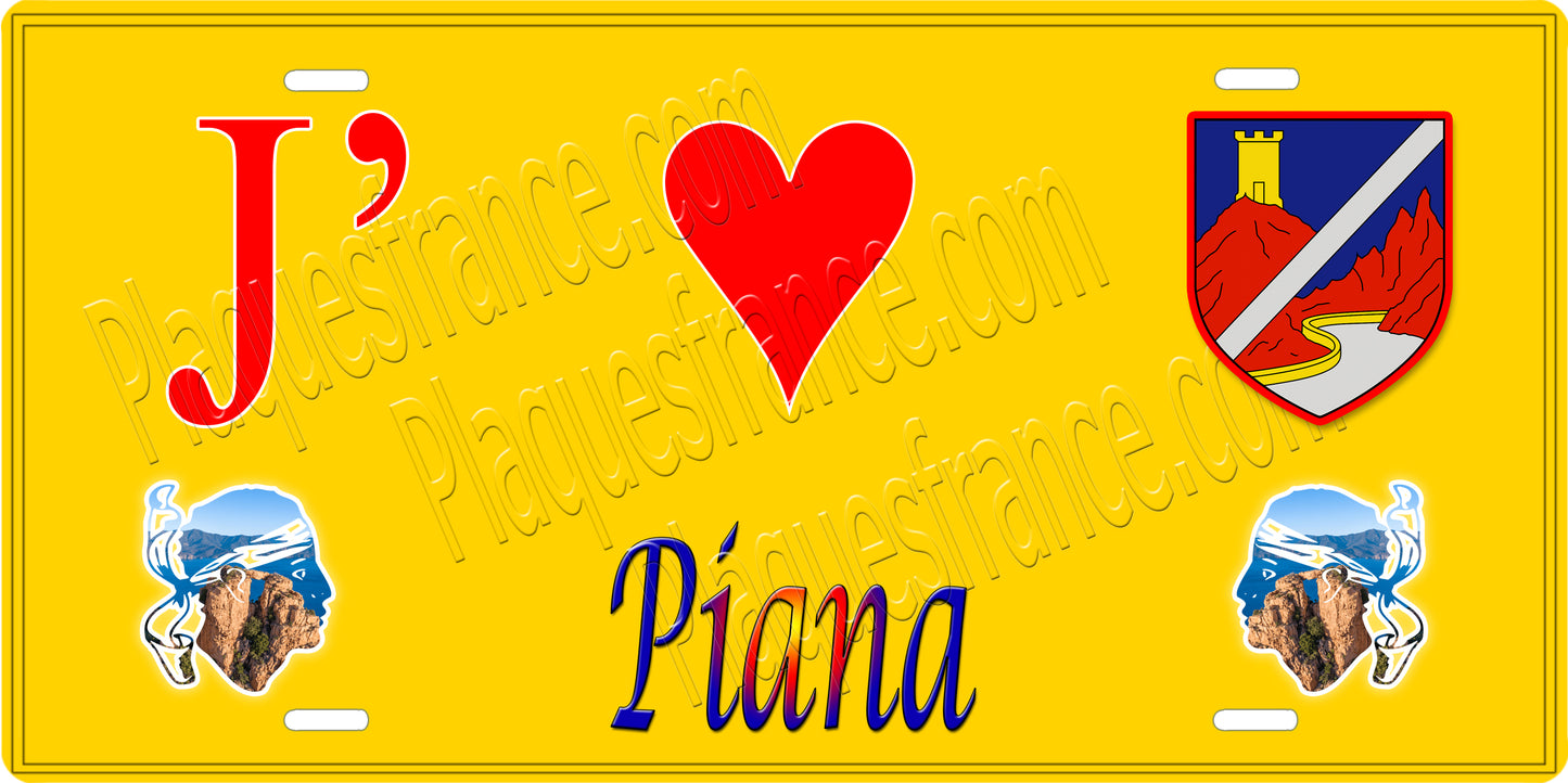 Plaque métal décorative 15 x 30 cm jaune J' ❤️ Piana Canton de Sevi-Sorru-Cinarca Corse du Sud