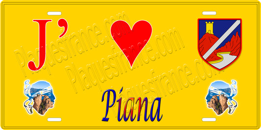 Plaque métal décorative 15 x 30 cm jaune J' ❤️ Piana Canton de Sevi-Sorru-Cinarca Corse du Sud