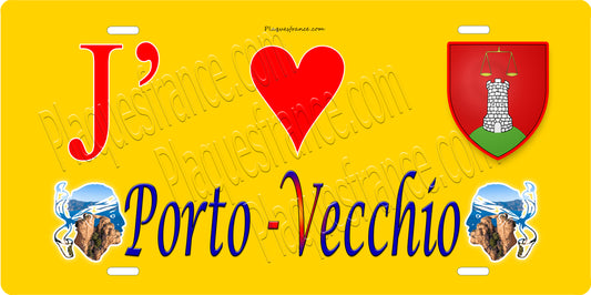 Plaque métal décorative 15 x 30 cm jaune J' ❤️ Porto-Vecchio canton du Grand-Sud  Corse du Sud