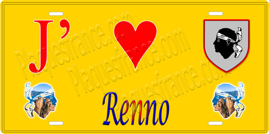 Plaque métal décorative 15 x 30 cm jaune J' ❤️ Renno Canton de Sevi-Sorru-Cinarca Corse du Sud