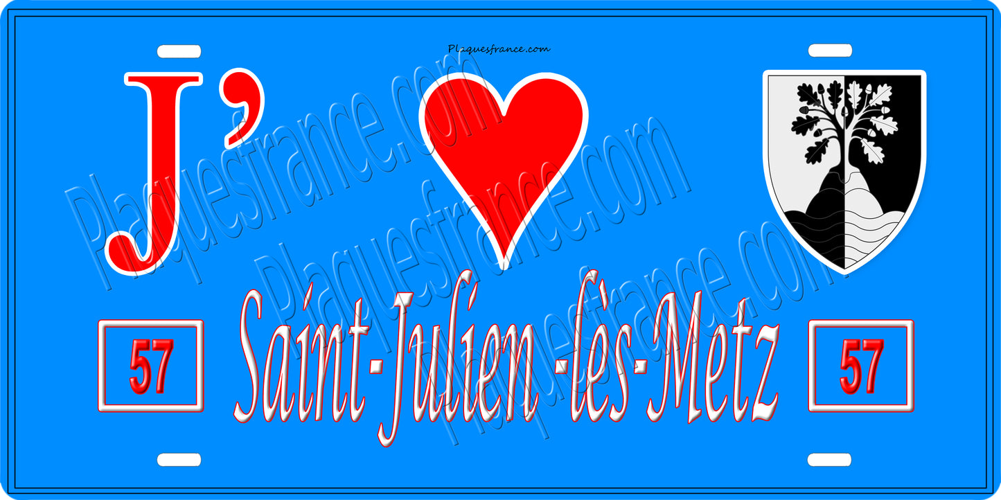 Plaque métal décorative 15 x 30 cm fond mur bleu 57 J' ❤️Saint-Julien-lès-Metz, canton Le Pays Messin Moselle 57