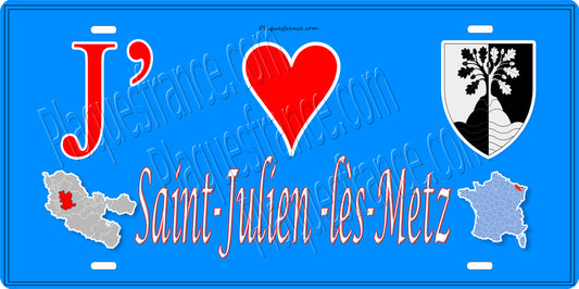 Plaque métal décorative 15 x 30 cm fond mur bleu carte J' ❤️Saint-Julien-lès-Metz, canton Le Pays Messin Moselle 57