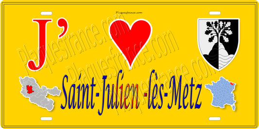 Plaque métal décorative 15 x 30 cm fond mur jaune carte J' ❤️Saint-Julien-lès-Metz, canton Le Pays Messin Moselle 57