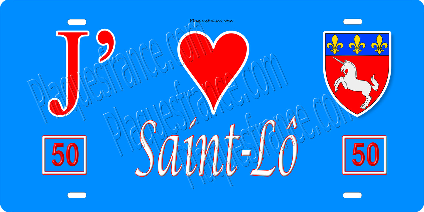 Plaque métal décorative  J' ❤️ Saint Lô, Manche, fond bleu 50