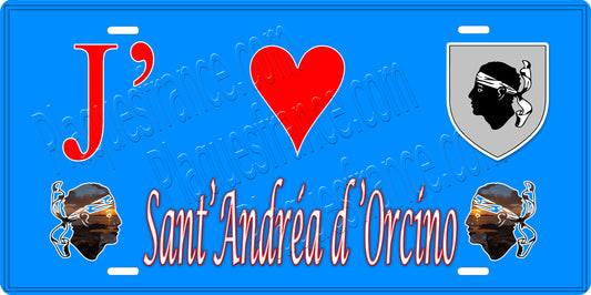 Plaque métal décorative 15 x 30 cm bleu J' ❤️ Sant' Andréa d'Orcino Canton de Sevi-Sorru-Cinarca Corse du Sud