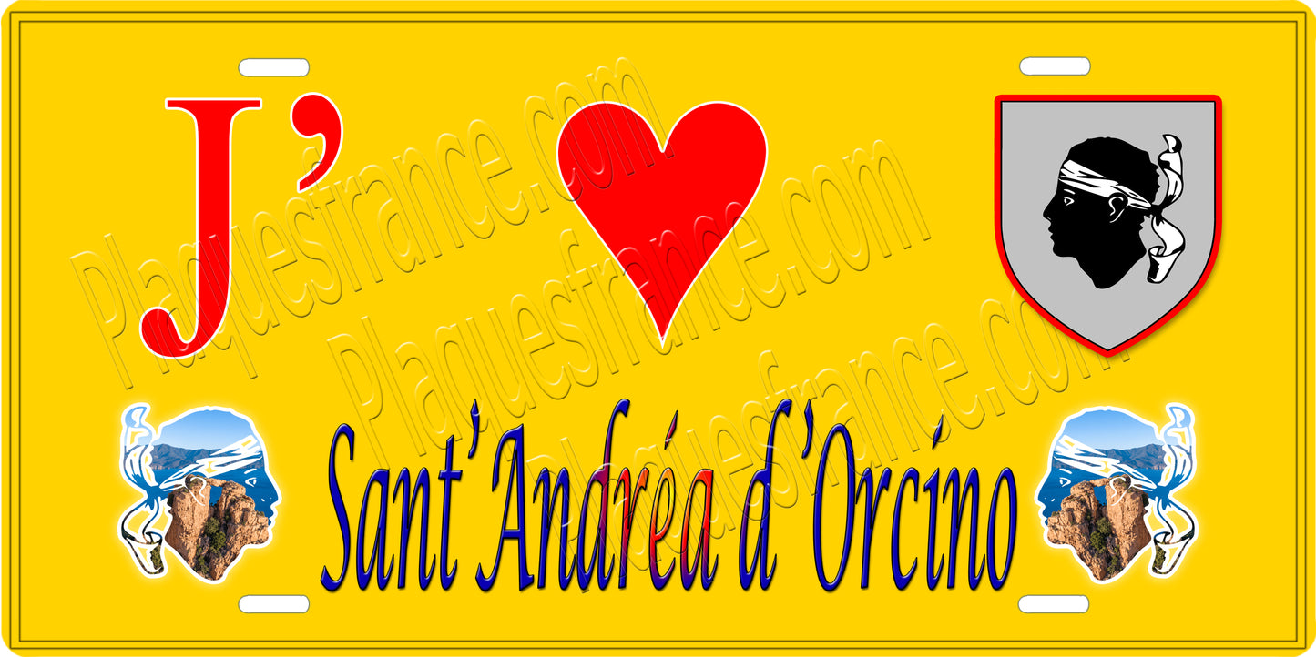 Plaque métal décorative 15 x 30 cm jaune J' ❤️ Sant' Andréa d'Orcino Canton de Sevi-Sorru-Cinarca Corse du Sud