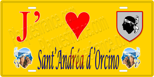Plaque métal décorative 15 x 30 cm jaune J' ❤️ Sant' Andréa d'Orcino Canton de Sevi-Sorru-Cinarca Corse du Sud
