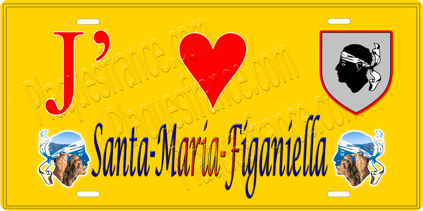 Plaque métal décorative 15 x 30 cm jaune J' ❤️ Santa-Maria-Figaniella canton du Sartenais-Valinco  Corse du Sud
