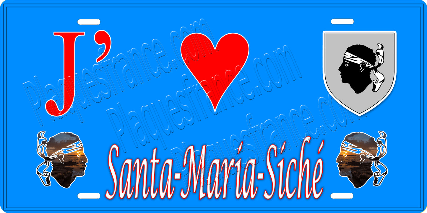 Plaque métal décorative 15 x 30 cm bleu J' ❤️ Santa-Maria-Siché  canton de Taravo-Ornano Corse du Sud