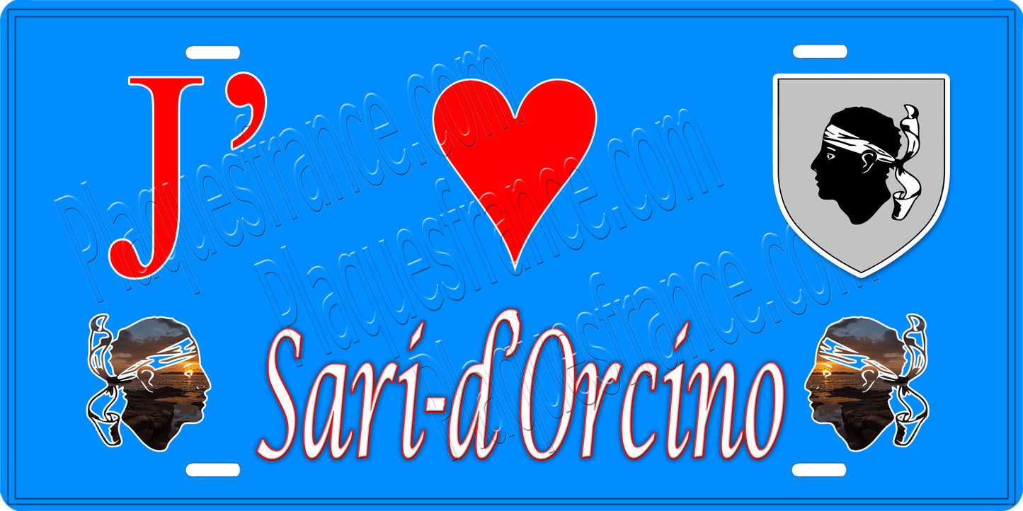 Plaque métal décorative 15 x 30 cm bleu J' ❤️ Sari d'Orcino Canton de Sevi-Sorru-Cinarca Corse du Sud