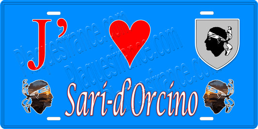 Plaque métal décorative 15 x 30 cm bleu J' ❤️ Sari d'Orcino Canton de Sevi-Sorru-Cinarca Corse du Sud