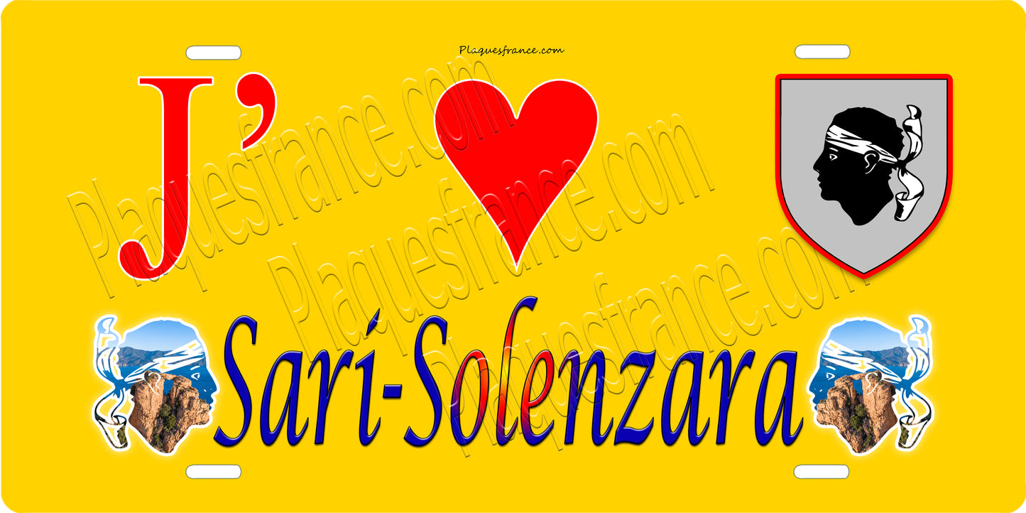 Plaque métal décorative 15 x 30 cm jaune J' ❤️ Sari-Solenzara canton du Bavela  Corse du Sud