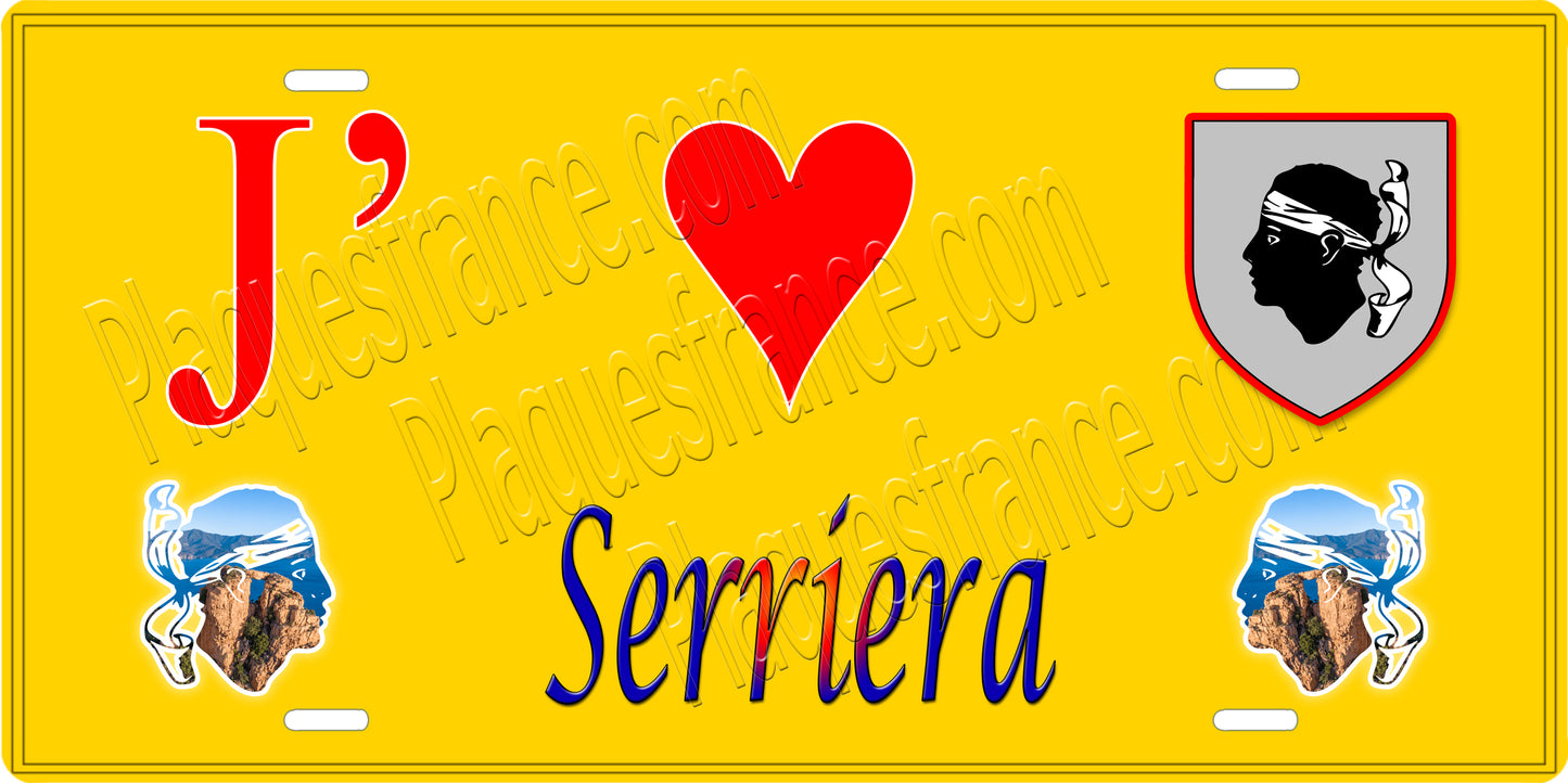 Plaque métal décorative 15 x 30 cm jaune J' ❤️ Serriera Canton de Sevi-Sorru-Cinarca Corse du Sud
