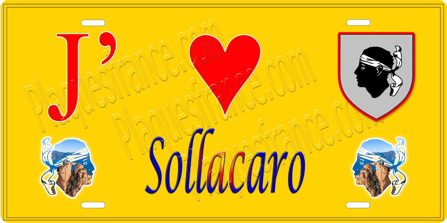 Plaque métal décorative 15 x 30 cm jaune J' ❤️ Sollacaro  canton de Taravo-Ornano Corse du Sud