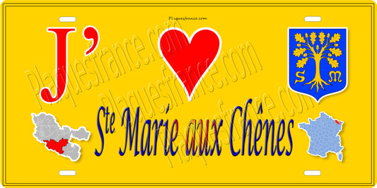 Plaque métal décorative 15 x 30 cm fond jaune cartes J' ❤️Sainte Marie aux Chênes, canton de Rombas Moselle 57