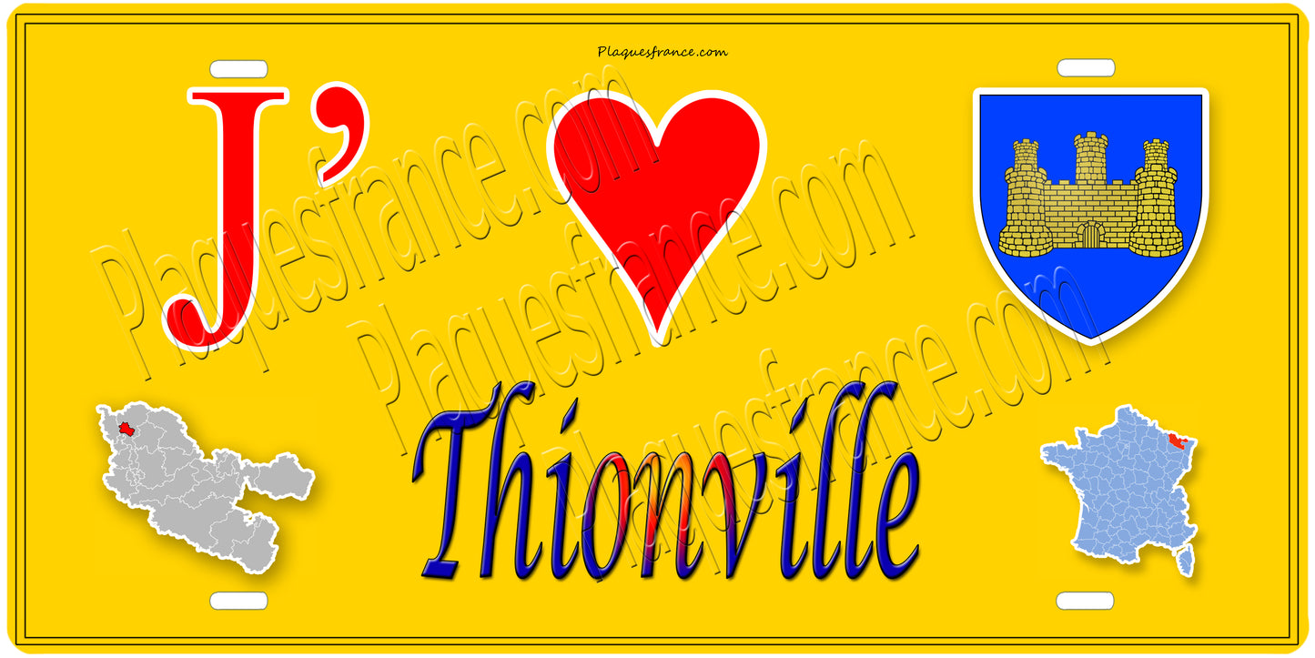 Plaque métal décorative 15 x 30 cm fond  mur jaune carte J' ❤️Thionville,57
