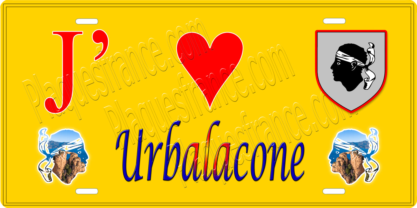 Plaque métal décorative 15 x 30 cm jaune J' ❤️ Urbalacone  canton de Taravo-Ornano Corse du Sud